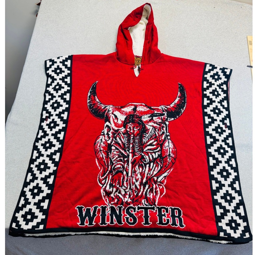 Winster Poncho Womens One Size Red Southwestern Sherpa Lined Hooded Bull Skull